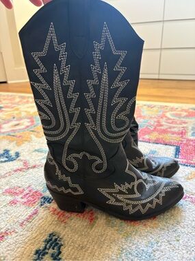 Billini Black Faux Leather Cowboy Boots with white  embroidery